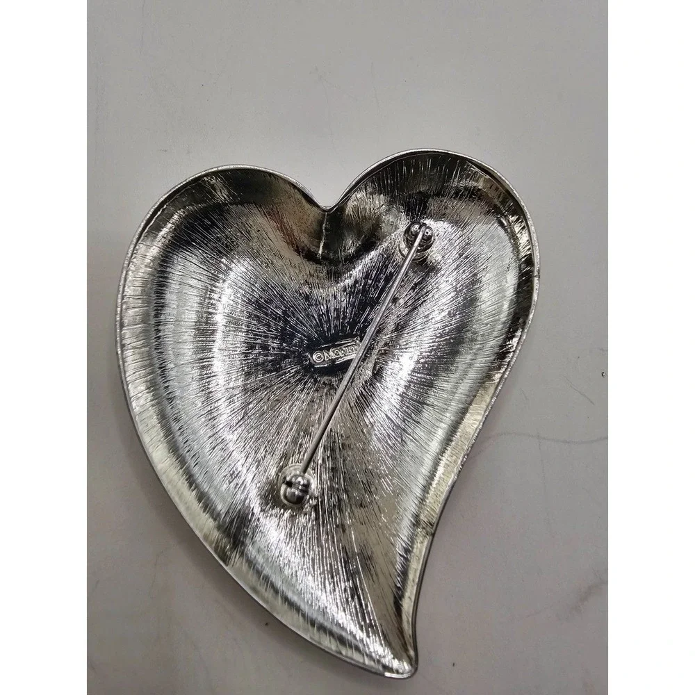 Monet Silver Tone Puffed Asymmetrical Heart Brooch Pin Vintage Designer Jewelry